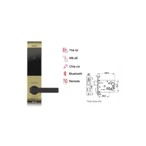 Khóa điện tử Häfele DL7900-TCB thân nhỏ màu vàng hồng 912.05.652 (mã số, thẻ từ, chìa cơ, kết nối App Bluetooth)
