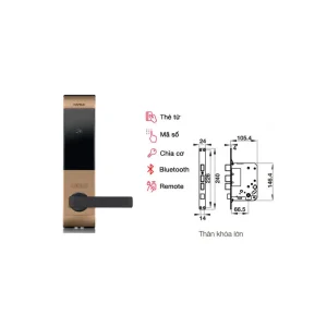 Khóa điện tử Hafele DL7900-TCB thân lớn màu vàng hồng 912.05.653 (mã số, thẻ từ, chìa cơ, kết nối App Bluetooth)