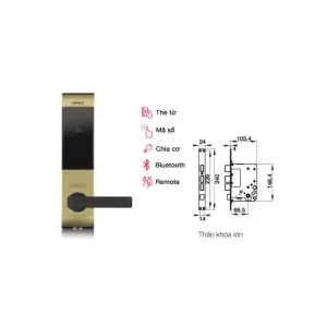 Khóa điện tử Hafele DL7900-TCB thân lớn màu vàng 912.05.650 (mã số, thẻ từ, chìa cơ, kết nối App Bluetooth)