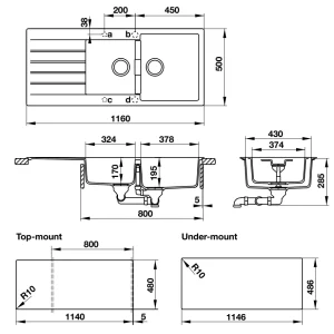 Chậu rửa chén đá Hafele 1160mm HS19-GED2S80 màu đen 570.35.370