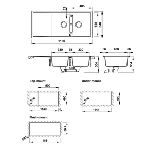 Chậu đá Hafele 1160mm HS20-GKD2S80 màu đen 570.33.330