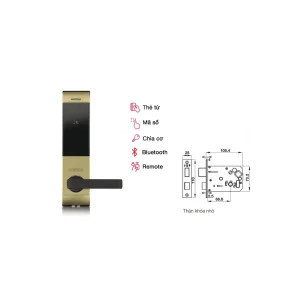 Khóa điện tử Hafele DL7900-TCB – thân nhỏ màu vàng 912.05.649 (mã số, thẻ từ, chìa cơ, kết nối App Bluetooth)