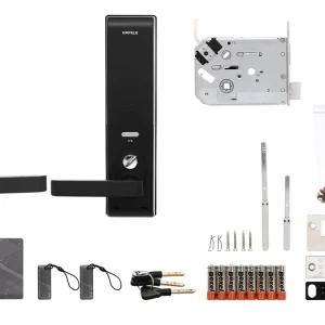 Khóa điện tử Hafele DL7900-TCB màu đen thân nhỏ 912.05.640 (mã số, thẻ từ, chìa cơ, kết nối App Bluetooth)