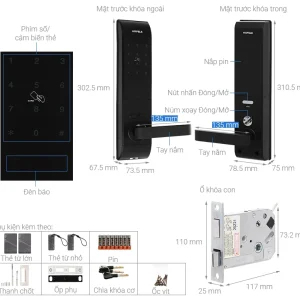 Khóa điện tử Hafele DL7900-TCB màu đen thân nhỏ 912.05.640 (mã số, thẻ từ, chìa cơ, kết nối App Bluetooth)