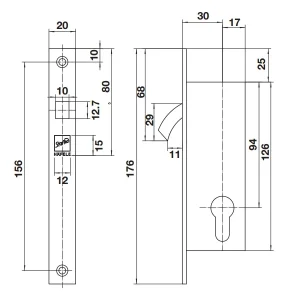 Thân khóa cho cửa trượt đố nhỏ S30/0A Inox mờ 911.26.595