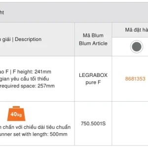 Ray hộp Blum LEGRABOX chiều cao F 241mm màu xám 8681353