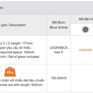 Ray hộp Blum LEGRABOX free C, chiều cao 177mm, màu xám 4580424