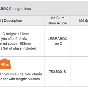 Ray hộp Blum LEGRABOX free C, chiều cao 177mm, inox 1532202