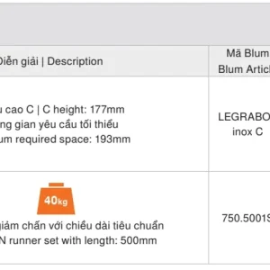 Ray hộp Blum LEGRABOX inox C 177mm 6344058