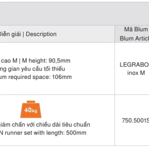 Ray hộp Blum LEGRABOX inox M 90.5mm 5203456
