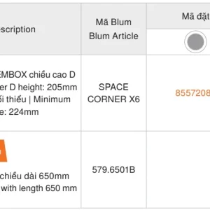 Ray hộp Blum TANDEMBOX cho ngăn kéo góc cao 205mm màu xám 8557208