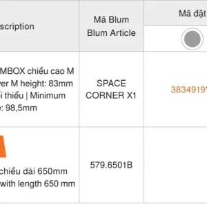 Ray hộp Blum TANDEMBOX cho ngăn kéo góc cao 83mm màu xám 3834919
