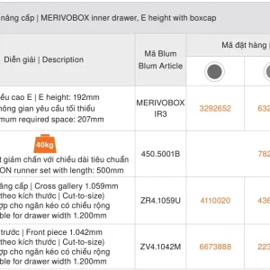 Ray hộp âm Blum MERIVOBOX IR3 chiều cao E 192mm màu xám đậm 3292652