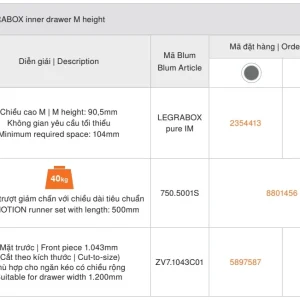 Ray hộp âm Blum LEGRABOX IM chiều cao 90.5mm màu xám 2354413