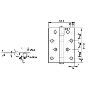 Bản lề lá 102x76x3mm-2BB cho cửa thép Inox 316 Hafele 926.20.111