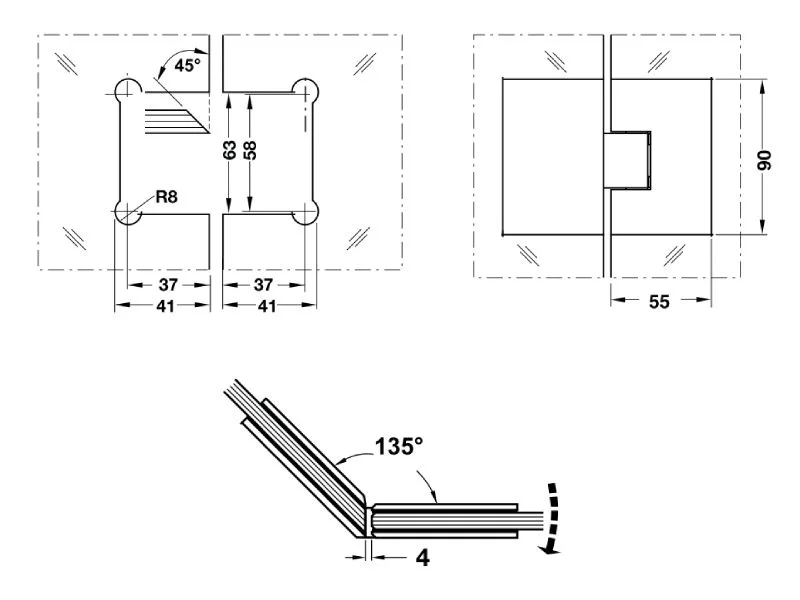 Bản lề kính – kính Häfele 135 độ 981.00.522 2 Bản lề kính – kính Häfele 135 độ 981.00.522
