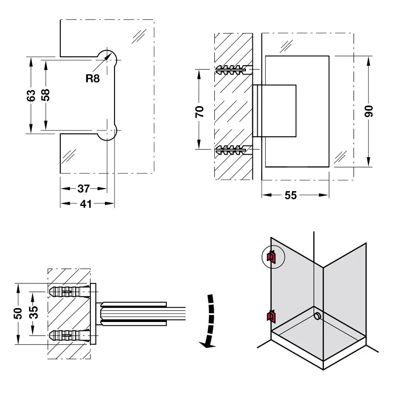 Bản lề kính tường 90 độ Hafele 981.00.502 2 Bản lề kính tường 90 độ Hafele 981.00.502