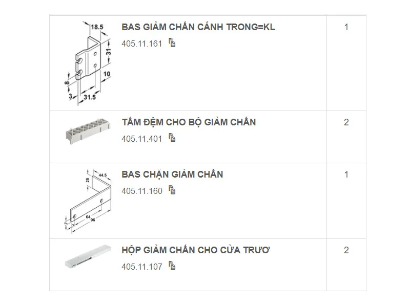 Giảm chấn cho bộ phụ 50 VF SR cửa 2 cánh Häfele 405.11.115