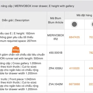 Ray hộp âm Blum MERIVOBOX IR2 chiều cao E 192mm màu xám đậm 6847435